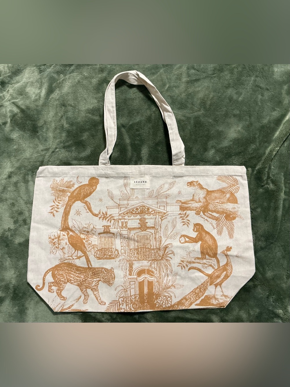 Sezane Beige Canvas Tote with Burnt Orange Animal & Architecture Print
